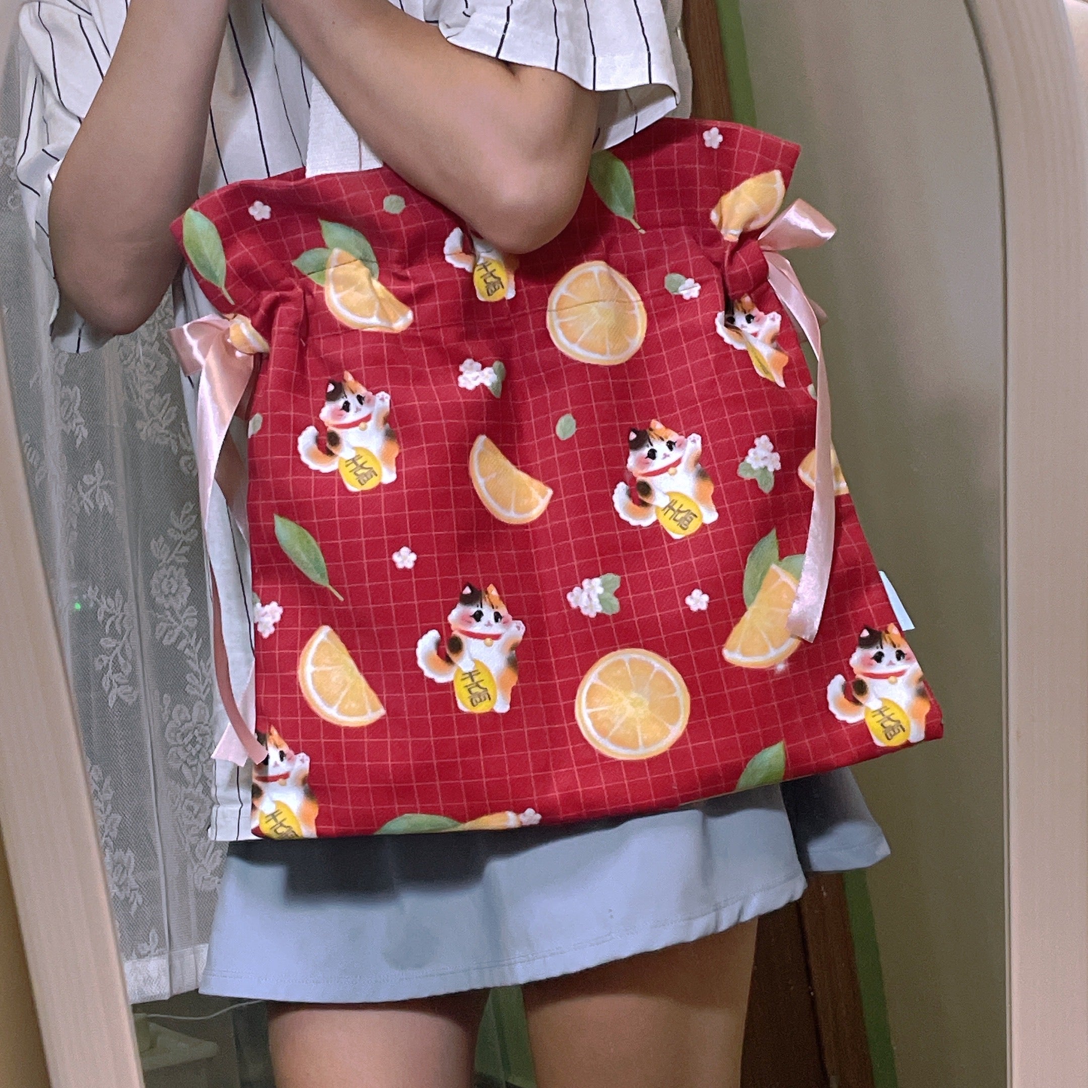 Red Maneki Ribbon Tote Bag (Instock)